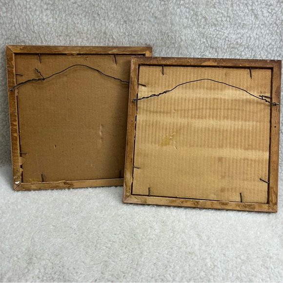 Vintage 90's wooden framed mirror mauve Lily & Lotus flower set 10" x 10" - Picture 6 of 11